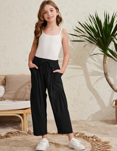 Image of COZYPOIN Girl's Wide Leg Pants Elastic Waist Loose Fit Flowy Casual Beach Palazzo Harem Trousers with Pockets 5-14 Y