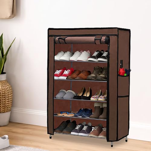 Image of Metal Shoe Stand with Cover, 5 Tier Shoe Organizer for Home & Office - Brown
