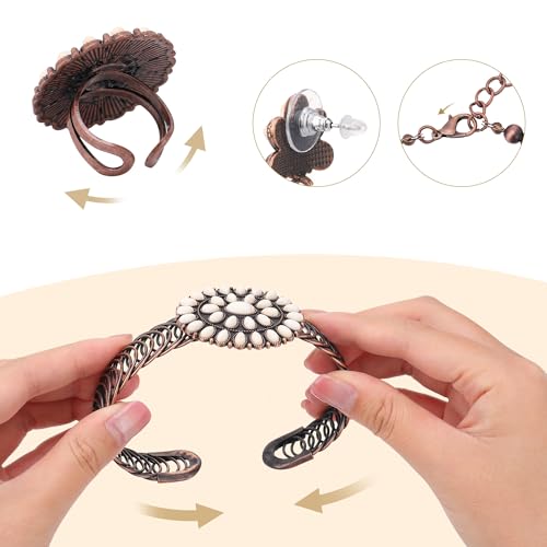 4 PCS Western Turquoise Jewelry for Women Boho Vintage Navajo Pearl Necklace Earring Bracelet Ring Set Country Cowgirl Accessories for Gift 5