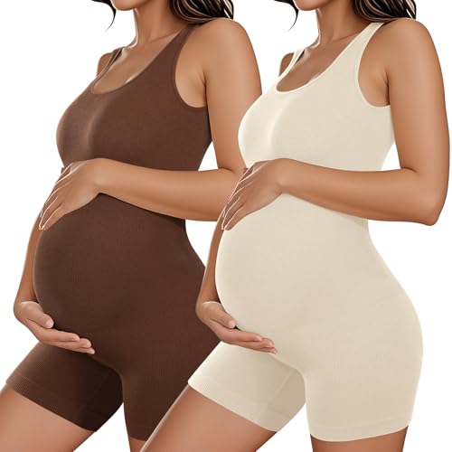 Coume 2 piezas de body de maternidad para mujer, moldeador sin mangas, camiseta sin mangas, pantalones cortos, overol acanalado para entrenamiento de maternidad, Beige, café, M
