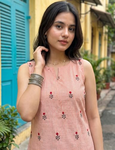 Image of Youthnic Women's Cotton Embroidered And Stripes Work Summer Wear Straight Kurti With farshi Salwar | Co Ord Set for Women Stylish | Office wear Kurta Set