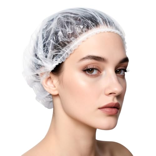 LOPHE Gorros de Ducha Desechable, 100 Piezas Elásticos Gorros de Ducha de Plastico, Impermeables Gorro Ducha Transparente, Shower Cap Práctico para el Hogar, Hotel, Viajes, Spa y Peluquería