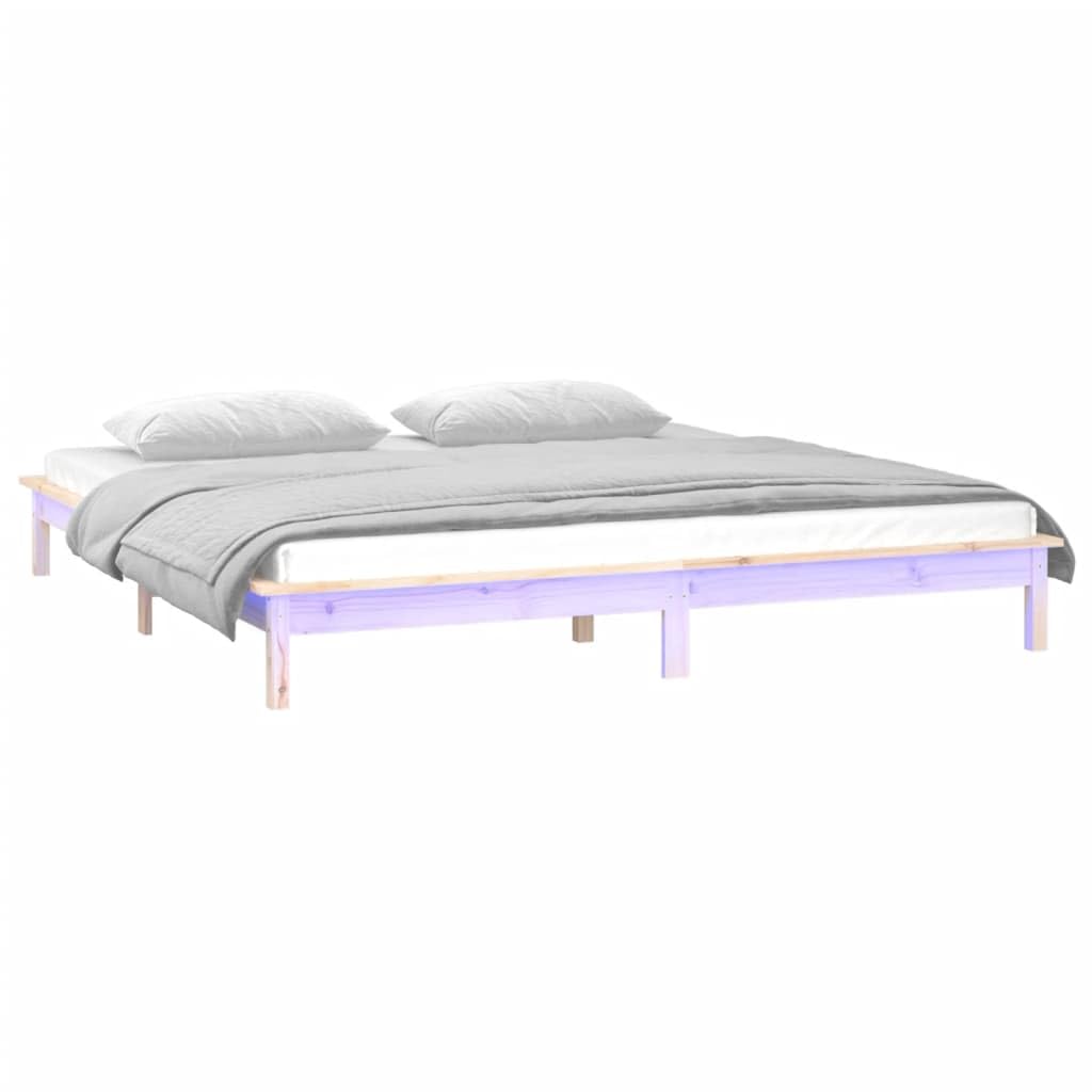 Lite drewno sosnowe z kolorowym LED Stelaż listwowy brąz 180x200 cm | Rama łóżka z LED 180x200 cm Super King lite drewno sosnowe RGB podświetlenie