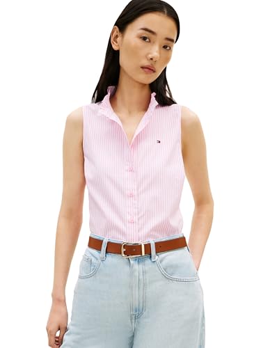 Tommy Hilfiger Women's Poplin Frill Sleeveless Button Up Shirt, Classic Ithaca White Rose Petal Medium