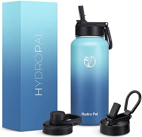 HydroPal Edelstahl Isolierflasche,Trinkflasche mit Strohhalm 2 Deckel 1L | BPA-frei, 24h kalt & 12h heiß Vakuumflasche, auslaufsicher Wasserflasche, Stroh- und Ausgussdeckel Sportf