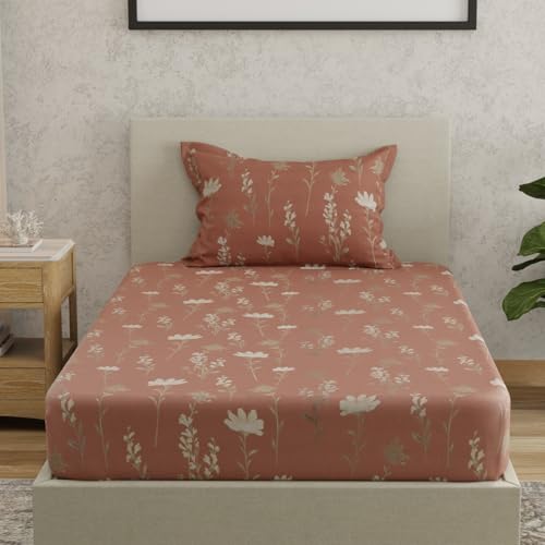 Image of HUESLAND by Ahmedabad Cotton 144 TC Bedsheet for Single Bed with 1 Pillow Cover | Rust, White & Grey
