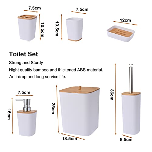 Yorkmills 6 Pieces Bamboo Bathroom Accessories set, Bathroom Accessory set, Bathroom Bin Toilet Brush Set - Image 2