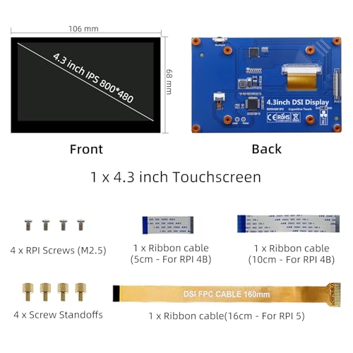 Image of 4.3 Inch Touchscreen Monitor for Raspberry Pi 5 /4 /3 /B+ /A+, 800x480 Pixel IPS Display Touch Capacitive Screen, Driver-Free DSI Port