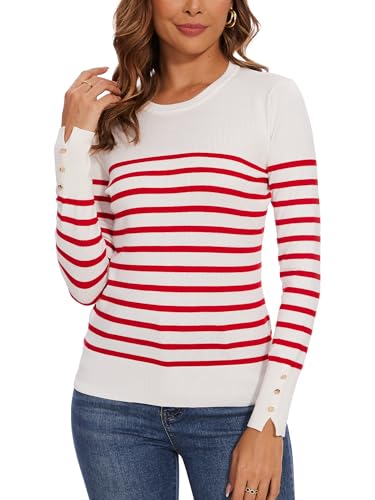 Image of Spicy Sandia Women's Long Sleeve Crewneck Sweaters Dressy Casual | Striped or Solid Available, Classic, Business Casual Tops for Office Work