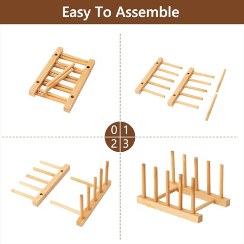 Image of CURATED CART Wooden Plate Organiser for Kitchen | Plate Stand Rack for Decor | Cabinet Plate Holder | 4 Adjustable Slots for Plates, Cup, Bowl & Dish Storage | Bamboo Wood (11x21cm)
