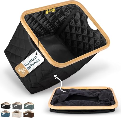 LACAZO NEU faltbarer Wäschekorb – 55 L – robuste, platzsparende Wäschebox – atmungsaktiver Stoff – standfester Bambusrahmen – Schwarz – nur 715 Gramm – Tragegriffe - wäschesammler