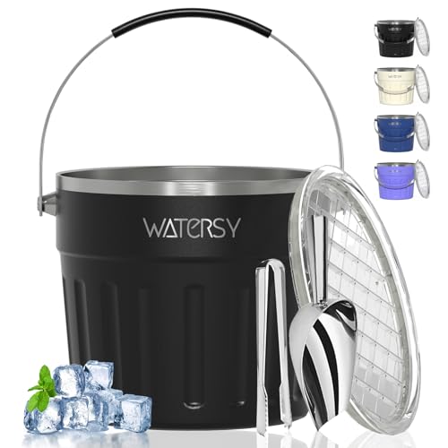 WATERSY Insulated Ice Bucket8 Quart / 7.6 L with Lid Scoop Ice TongWall Vacuum Stainless Steel Black