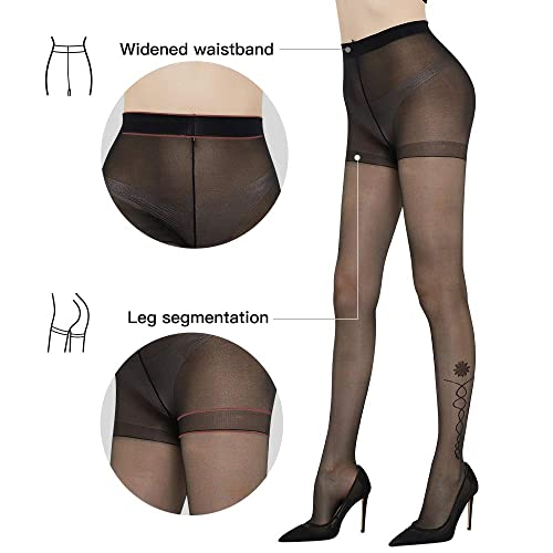 Image of C4N 15D Sheer Tights for Women Control Top Pantyhose High Waist Non-Slip Silk Stockings, Vines Flower