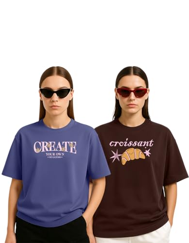 Image of Women's Oversized Cotton Blend Graphic T-Shirt Combo (Pack of 2) | Baggy Fit, Drop Shoulder, Half Sleeves | Sizes S to 2XL