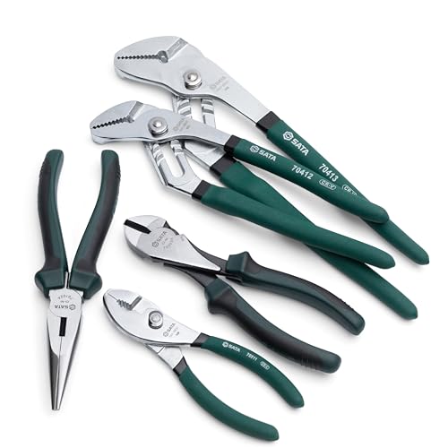 SATA 5-Piece Plier Set with Tongue-and-Groove (12-Inch and 10-Inch), Long-Nose (8-Inch), Diagonal (7-Inch) and Slip-Joint (6-Inch) Pliers - ST70001U