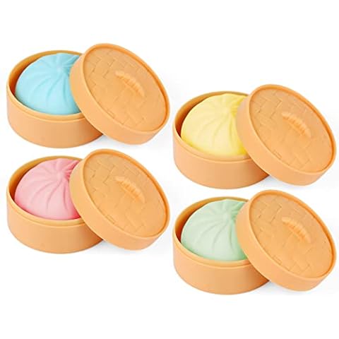MEIEST 4 PCS Colorful Dumpling Stress Balls Fidget Sensory Toy,Squeeze Dough Ball Stress Relief Hand Toy,Bun with Food Steamer Stretchy Desk Toys Cover