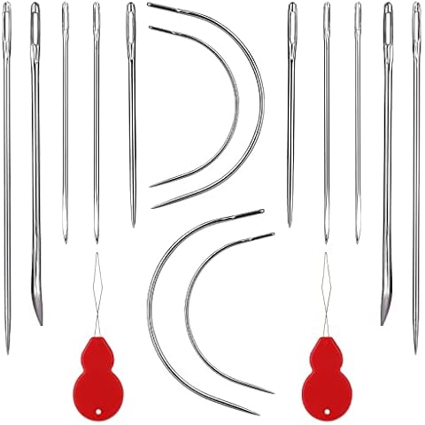 SAVITA 14 Stück Nähnadeln, Mehrere Stile Stickgarnnadel Stumpfe Nadeln mit Ösen Gebogene Nadeln mit 2 Stück Nadeleinfädler für Polster Teppich Leder Leinwand Reparatur Cover