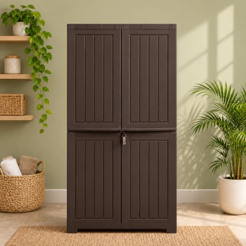 Image of ARLAVYA 4.4 Ft x 2.1 Ft Storage Plastic Cupboard | 1 Year Warranty | Free Standing Cabinet | (Finish Color - Brown, Door Type- Hinged, DIY(Do-It-Yourself)) | (3 Shelf)