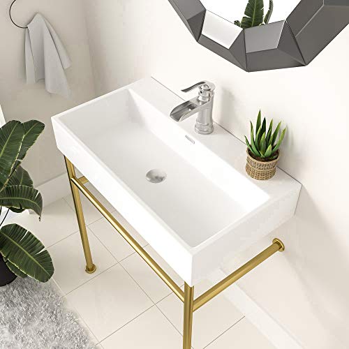 Console Sink with Gold Legs, Logmey 30 Inch Ceramic Basin Logmey Glossy White Rectangle Porcelain Freestanding Bathroom Sink With Tower Bar And Chrome Finishi Overflow,Pedestal Bathroom Sink