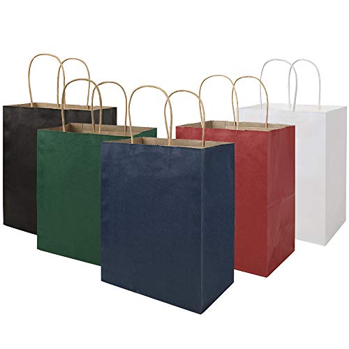 colored paper shopping bags - 100 Pack Multicolour Medium Gift Bags with Handles Bulk, 8x4.75x10 inch White/Black/Green/Blue/Red Each 20pcs bagmad Kraft Birthday Party Favors Grocery Retail Shopping Craft Paper Bag (Multi Colored)