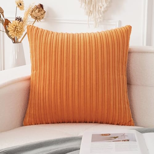 UGASA Fall Decorative Soft Velvet Stripe Pillow Cover 1 Pack Solid Corduroy Textured Euro Cushion Case for Couch Bedroom Sofa Farmhouse, 18x18 Inch, Orange
