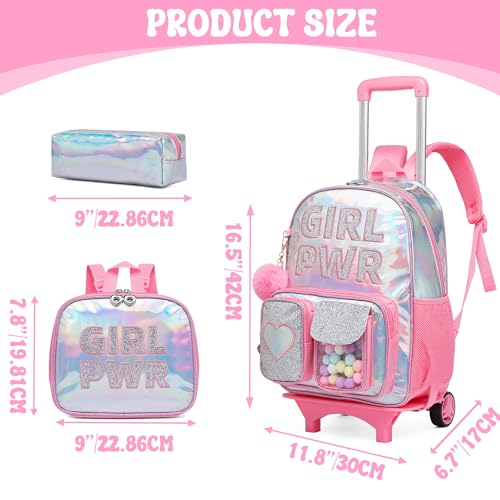 Image of HTgroce Rolling Backpack with Wheel,School Backpack for Kids Girl Roller Schoolbag Wheeled Backpacks Set Carry-on Luggage,Pink