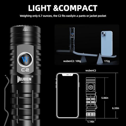WUBEN C2 Flashlights USB C Rechargeable, 2000 High Lumens Tactical Flashlights with 7 Modes Flash Light, Pocket LED Flashlight with IP68 Waterproof for Emergencies, Outdoor, Camping