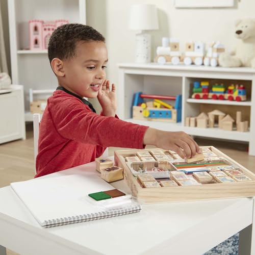 Image of Melissa & Doug Deluxe Wooden Stamp Set: Animals - 30 Stamps, 6 Markers, 2 Stamp Pads Kids Art Projects, Wooden Stamps with Washable Ink, for Kids Ages 4+