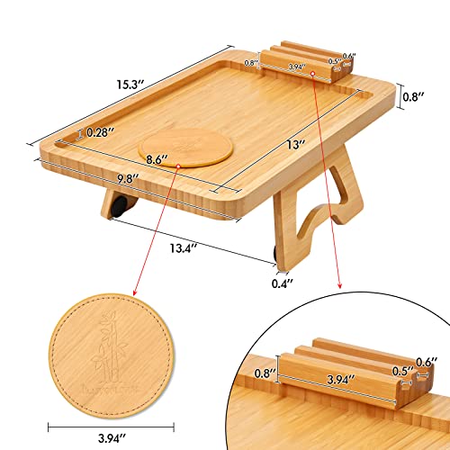 Livofloral Bamboo Couch Arm Tray Table, Foldable Couch Sofa Tray, Clip On Armrest Tray With 360° Rotating Bracket For Phone & Pad, Cup Holder, Anti-Slip Sofa Table With Coaster For Drinks & Food, Wood #TOP1
