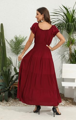 Image of OSTOO Women's Floral Maxi Dress Boho Summer Short Sleeve Smocked Waist Tiered Long Dress