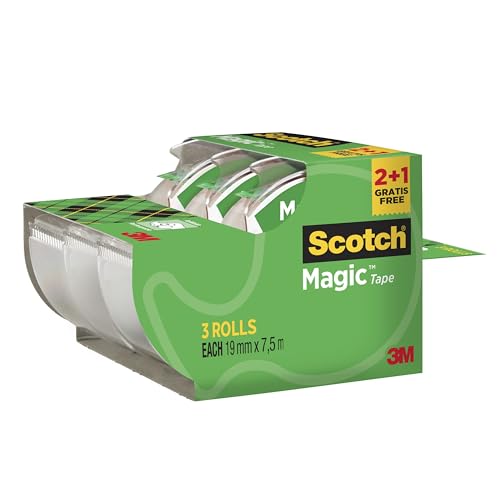Scotch Magic Cinta Adhesiva Invisible - 2 Rollos de 19mm x 7,5m + 1 GRATIS - Cinta Adhesiva de Uso General para Reparación, Etiquetado y Sellado de Paquetes y Documentos