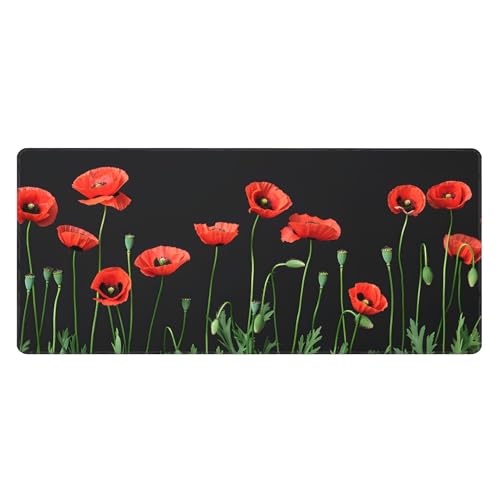 Image of Red Poppy Flowers Extended Gaming Mouse Pad, with Stitched Edges Large Mouse Pad Desk Protector, Rubber Base Mousepad Keyboard Mouses Mat for Work Game Office Home- 32 inch X 12 inch Inch