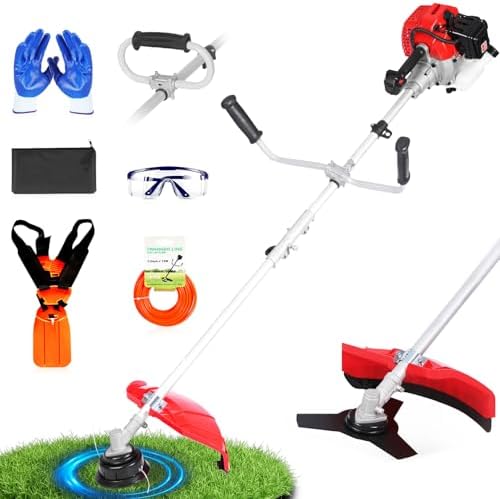 WTHW 52cc Gas Powered Weed Eater and Brush Cutter 3-in-1, Heavy Duty Straight Shaft String Trimmer with Harness and 2 Heads for Tough Weeds, Grass, and Land Clearing (PT6082)