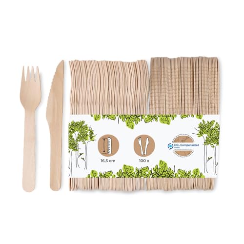 BIOZOYG Einweg-Besteck Set I je 100 Stück Einweg Messer und Gabel I Bio Einweg Holzbesteck Party Besteckset I Einwegbesteck umweltfreundlich I stabiles Biobesteck 200 teilig I 16,5 cm