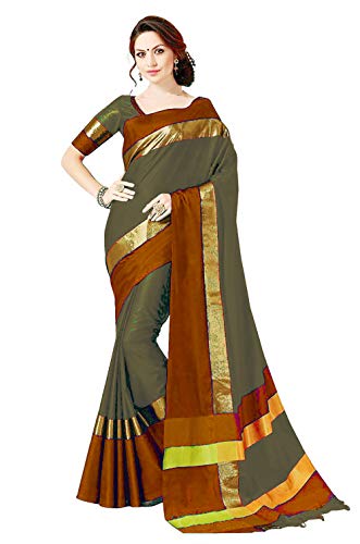 Image of PerfectBlue Women's with Blouse Piece Saree (VisvaVariation Lightgreenbrown Free Size)