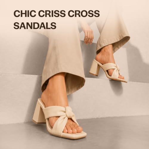 Image of FAUSTO Women Criss-Cross Strap Open Toe Knotted Block Heel Sandals | Elegant Dress Slip-Ons with Padded Footbed | Square Toe Sandal for Casual, Party