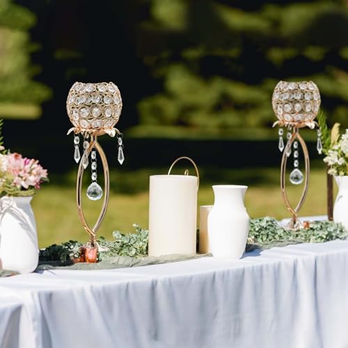 2 Pcs Gold Elegant Metal Crystal Tea Light Candle Holders with Bling Crystal Pendants, Hollow Design - Wedding Table Centerpieces for Anniversary Birthday Party, Home Decor - Image 6