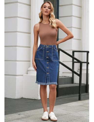 Vetinee Jean Skirts for Women Button Down Distressed Raw Hem Casual Summer Stretchy Knee Length Denim Skirt with Pockets4