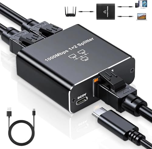 Gigabit Ethernet Splitter 1 to 2 - Network Internet Splitter Adapter with USB Power Cable, RJ45 1000Mbps High Speed for Cat 5/5e/6/7/8 Cable [2 Devices Networked Simultaneously]