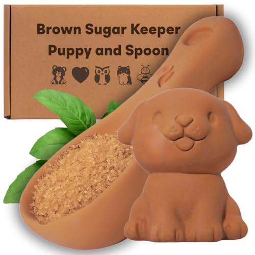 Image of Sifri 3D Brown Sugar Keeper 2-in-1 Set - Terracotta Clay Puppy & Spoon Saver Softener - Cute Kitchen Storage & Freshness Holder for Sugar - Gift for Bakers (1, Dog and Spoon)