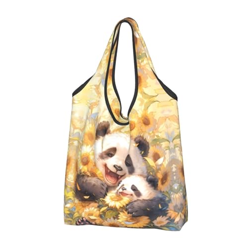 TZTTZT Bolsas de compras reutilizables, plegables, con diseño de panda y girasol, con asas, Negro, 2 PCS