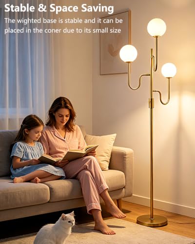 Image of Lightdot 68IN Globe Gold Floor Lamp Dimmable Floor Lamps with 3000K Soft Warm White for Wedding /Party, 3-Arm Mid Century Modern Standing Tall Lamp for Living Room /Bedroom /Sofa Beside /Corner Decor