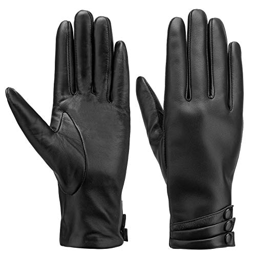 AGEMORE Winter-Lederhandschuhe für Damen, Vollhand-Touchscreen, Nappaleder, warm, einfarbig, Kaschmir-Mischgewebe, gefüttert - Schwarz - 16 cm/XS