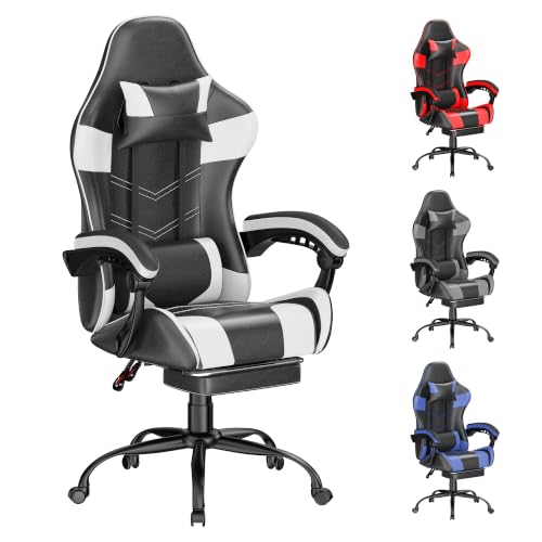 Image of Gaming Chair with Footrest, Ergonomic Video Game Chair with Headrest and Lumbar Support, 400 lbs Adult Chair, Height Adjustable 360 Swivel High Back Reclining Computer Chair for Home Office (White)