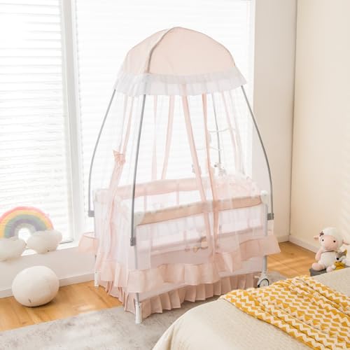 HONEY-JOY-4-in-1-Pack-and-Play-with-Canopy-Portable-Baby-Playard-wChanging-Table-and-Infant-Bassinet-Cute-Toys-Music-Foldable-Bassinet-for-Newborn-and-ToddlerLight-Pink HONEY JOY 4 in 1 Pack and Play with Canopy Portable Baby Playard wChanging Table and Infant Bassinet Cute Toys Music Foldable Bassinet for Newborn and ToddlerLight Pink