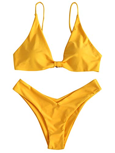 ZAFUL Women's Plunging Knotted Front High Cut Thong Bikini Set Cami Strap Padded Swimsuit Bathing Suits Yellow
