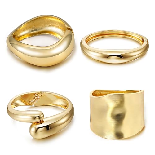 4 Pcs Women Gold Silver Cuff Bracelet Hinged Design Bracelet Trendy Chunky Cuff Bangle Thick Gold Silver Bracelets for Women