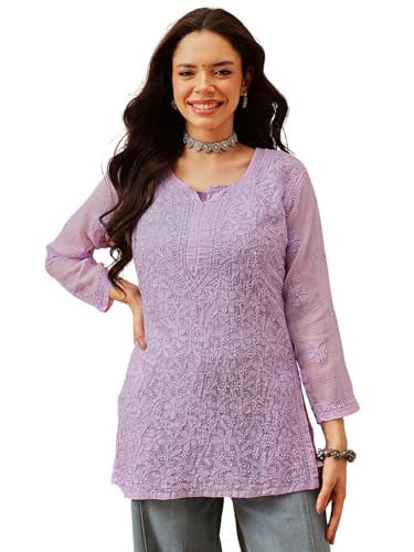Image of Ada Women's Cotton Blend Regular Fit Tunic Hand Embroidered Lucknowi Chikankari Kota Western Top Kurti With Slip A911184