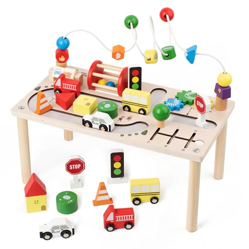 Activity Table for 1+ Year Old, Montessori Wooden Toys for Toddlers 1-3, 8 in 1 Baby Activity Table, Educational Sensory Bead Maze Toys for Babies, Learning Shape Sorter, Birthday Gifts Girls Boys