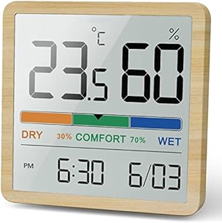 NOKLEAD Hygrometer Indoor Thermometer, Desktop Digital Thermometer with Temperature and Humidity Monitor, Accurate Humidity Gauge Room Thermometer with Clock (Wood Grain)